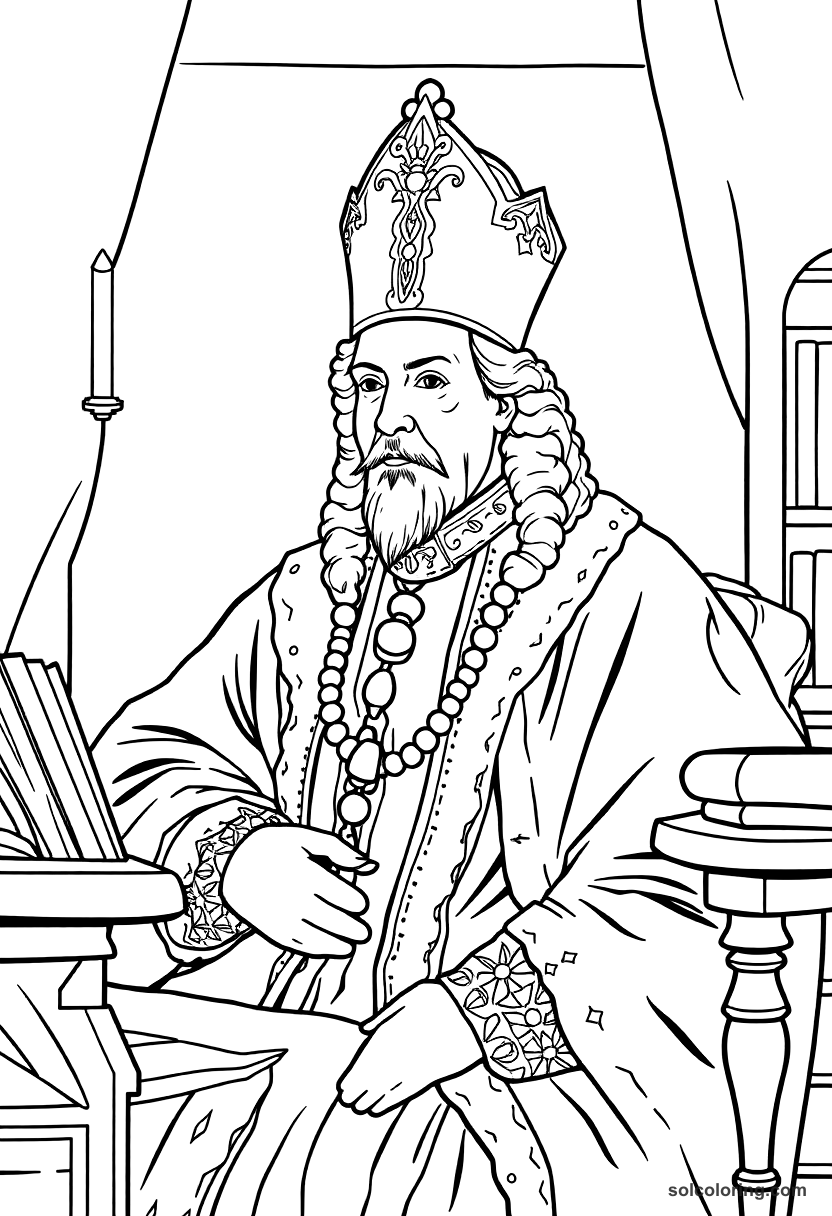 Cardinal Richelieu in His Study coloring page, free printable realistic style