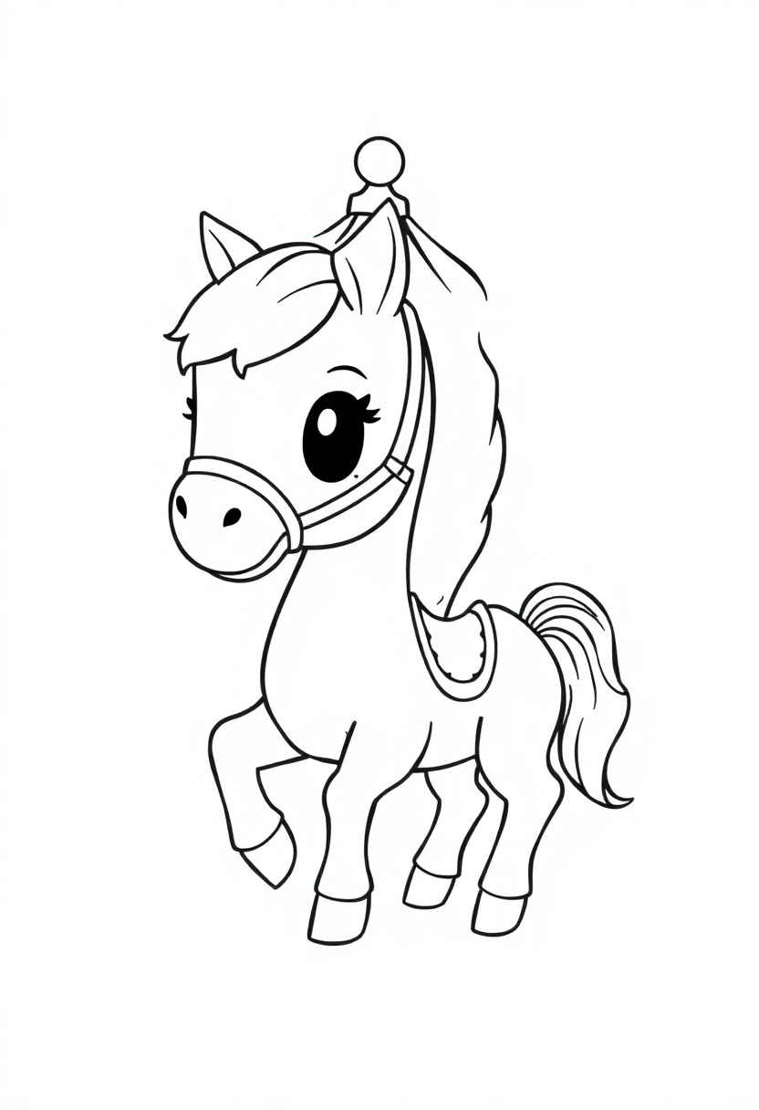 Cute chibi carousel horse coloring page with flowing mane, decorative saddle and bold outlines for easy coloring