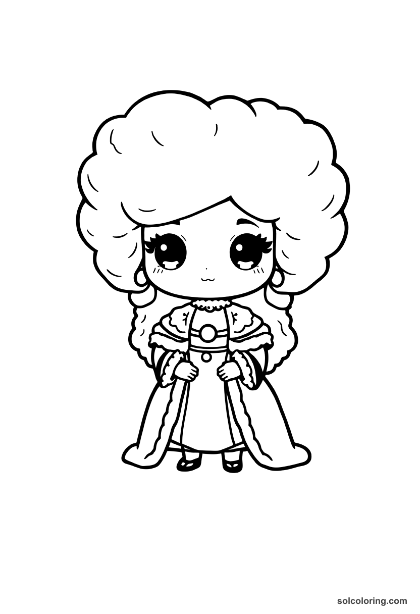 Chibi Catherine the Great of Russia in Court Dress coloring page, free printable chibi style