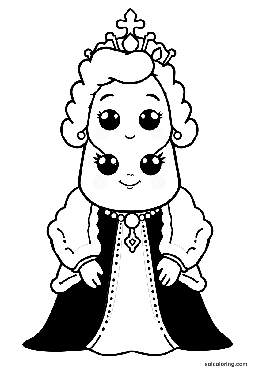 Cute Cartoon Catherine the Great of Russia in Court Dress coloring page, free printable cute cartoon style