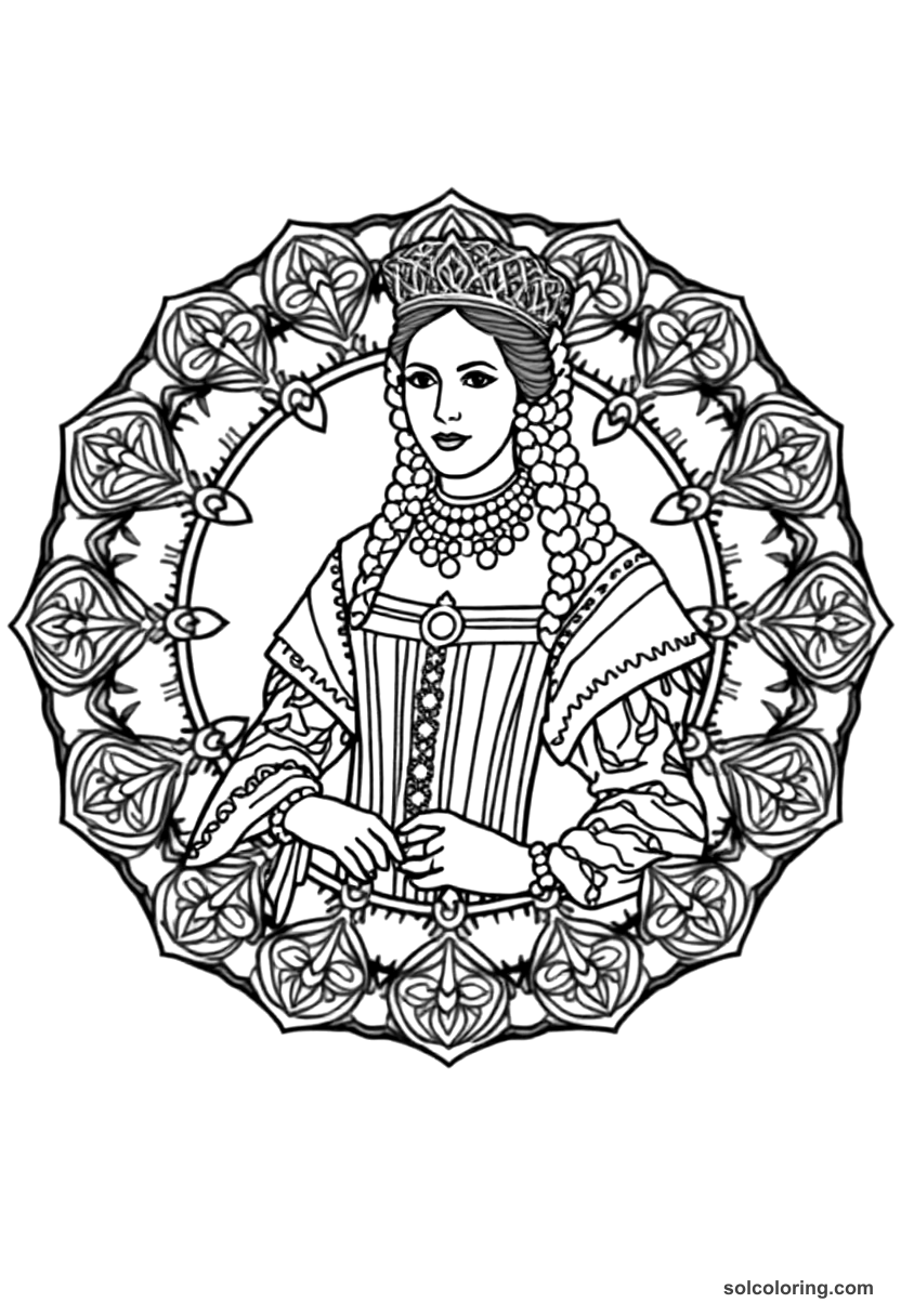Mandala Catherine the Great of Russia in Court Dress coloring page, free printable mandala style