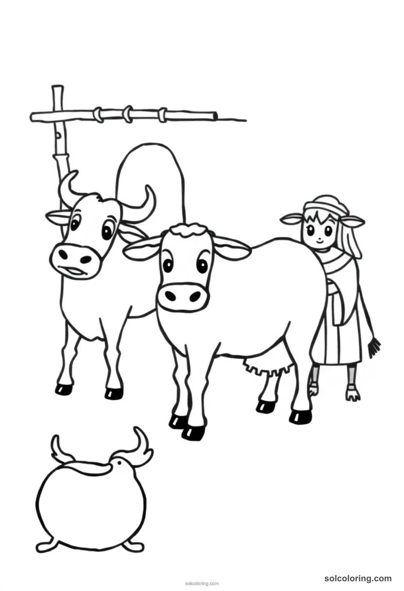 Cute Cartoon Cattle Counting Scene cute cartoon coloring page for kids