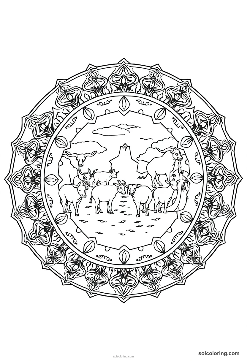 Mandala Cattle Counting Scene mandala coloring page for kids