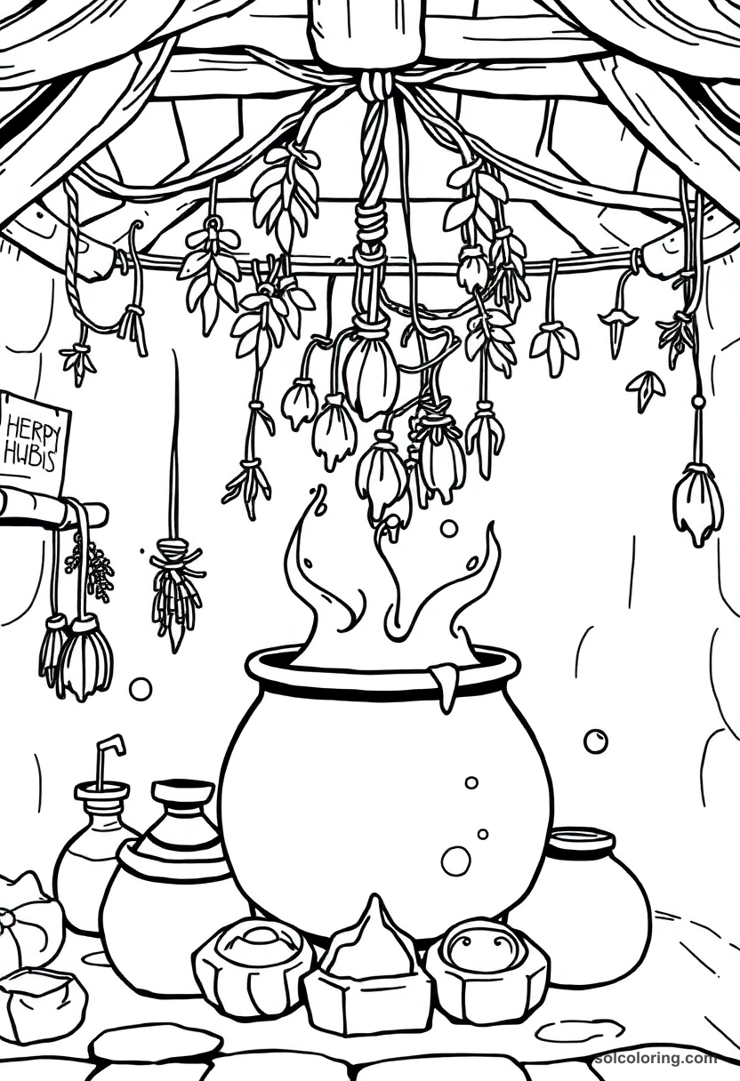 Chibi Cauldron Room Filled with Bubbling Potions and Hanging Herb Bundles