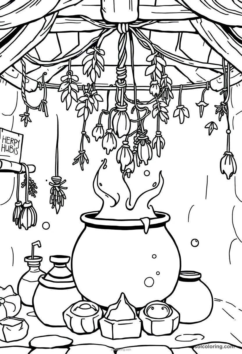 Chibi Cauldron Room Filled with Bubbling Potions and Hanging Herb Bundles chibi coloring page for kids