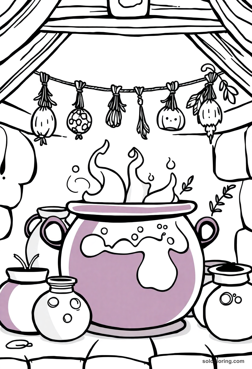 Cute Cartoon Cauldron Room Filled with Bubbling Potions and Hanging Herb Bundles
