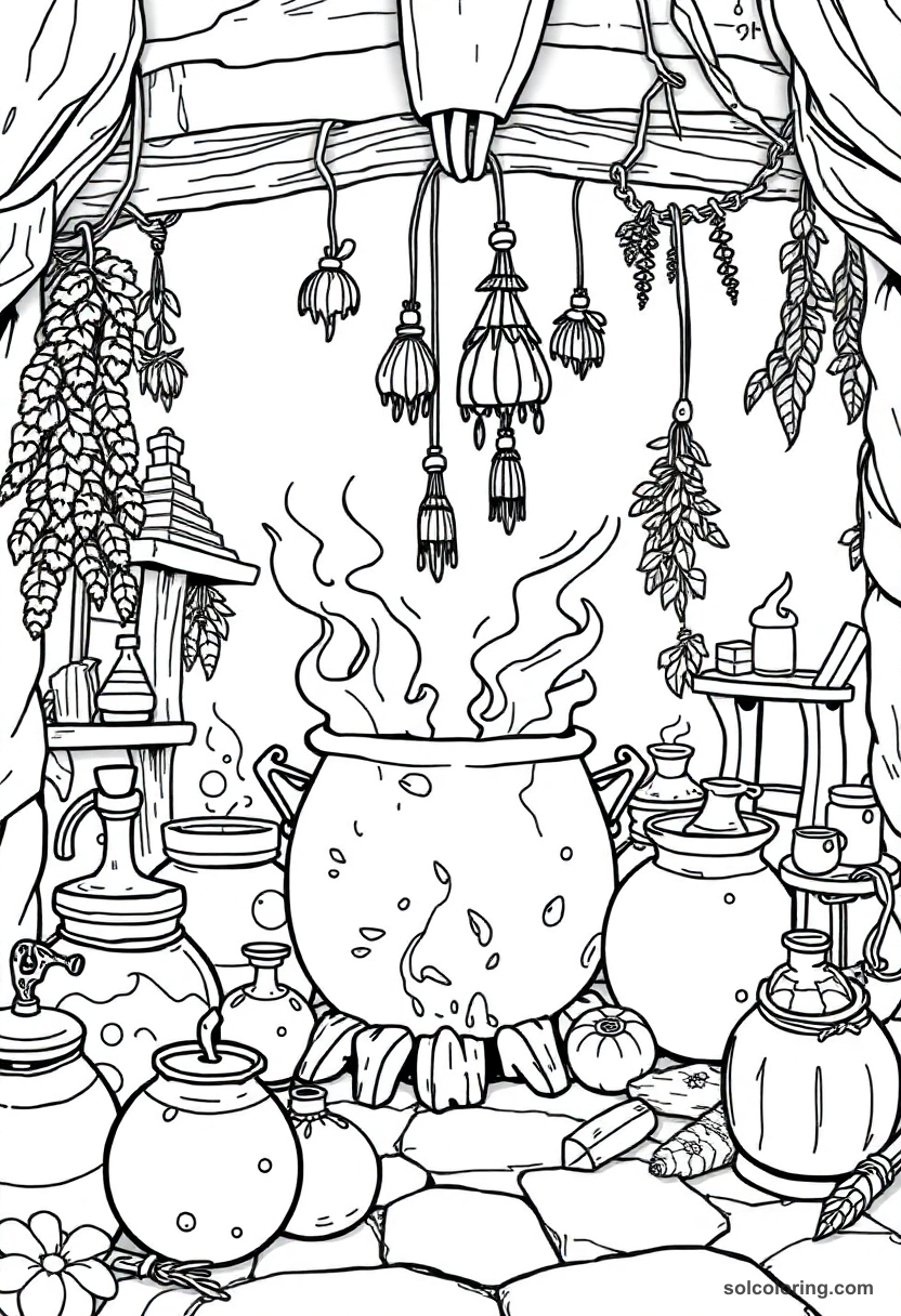 Cauldron Room Filled with Bubbling Potions and Hanging Herb Bundles