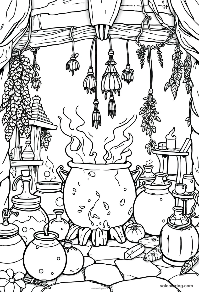 Cauldron Room Filled with Bubbling Potions and Hanging Herb Bundles detailed coloring page for kids
