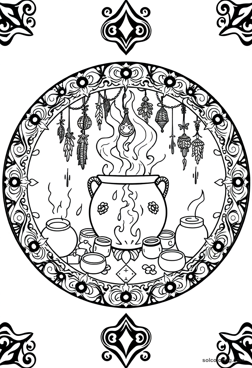 Mandala Cauldron Room Filled with Bubbling Potions and Hanging Herb Bundles