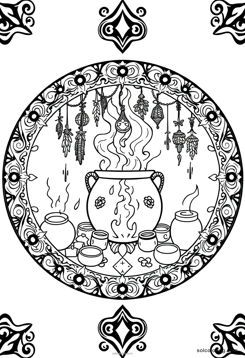 Mandala Cauldron Room Filled with Bubbling Potions and Hanging Herb Bundles mandala coloring page for kids
