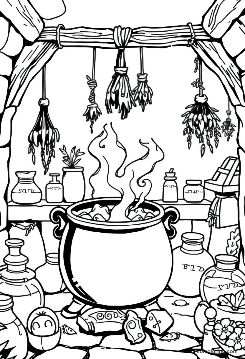 Cauldron Room Filled with Bubbling Potions and Hanging Herb Bundles