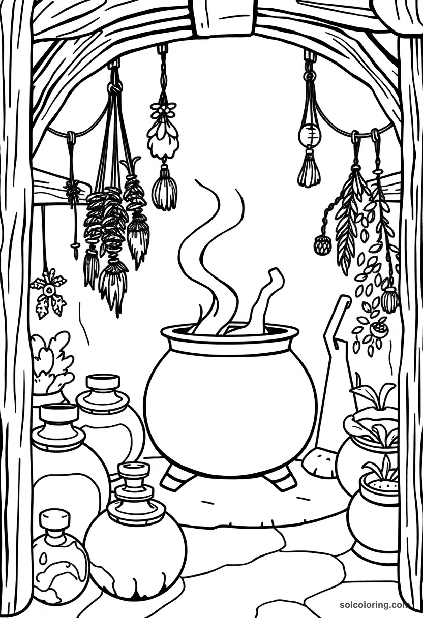 Simple Cauldron Room Filled with Bubbling Potions and Hanging Herb Bundles