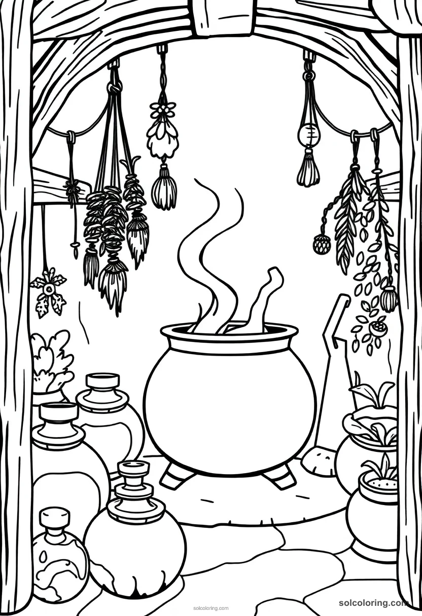 Simple Cauldron Room Filled with Bubbling Potions and Hanging Herb Bundles simple coloring page for kids