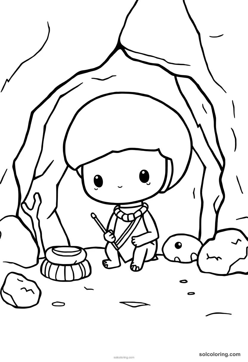 Chibi Cave Painting Session in Prehistoric Times chibi coloring page for kids