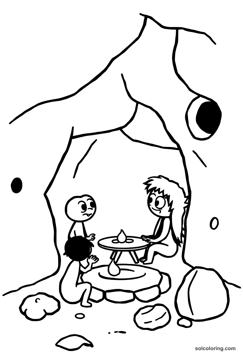 Cute Cartoon Cave Painting Session in Prehistoric Times coloring page, free printable cute cartoon style