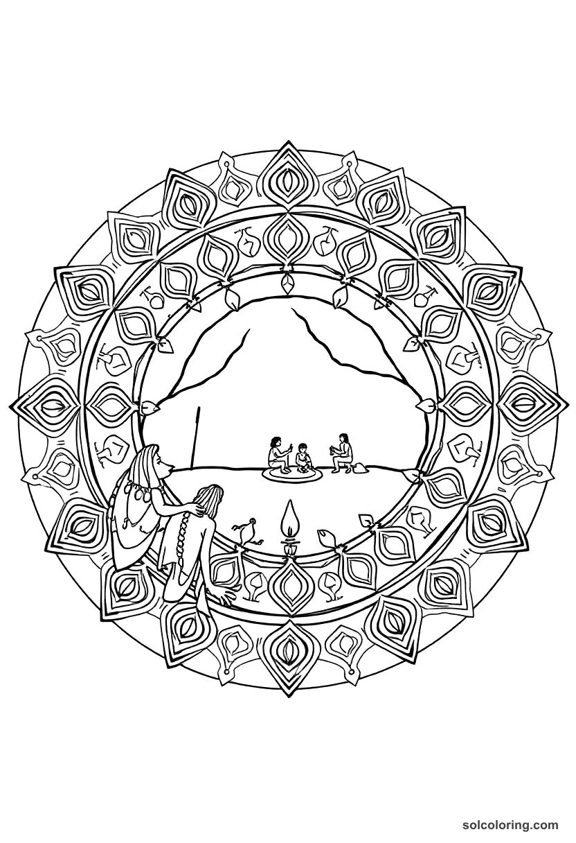 Mandala Cave Painting Session in Prehistoric Times coloring page, free printable mandala style