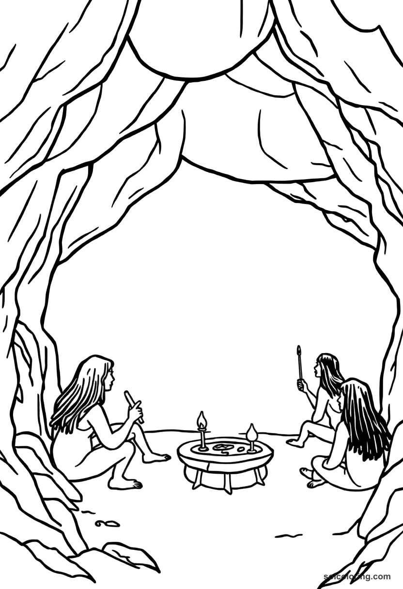 Simple Cave Painting Session in Prehistoric Times coloring page, free printable simple style