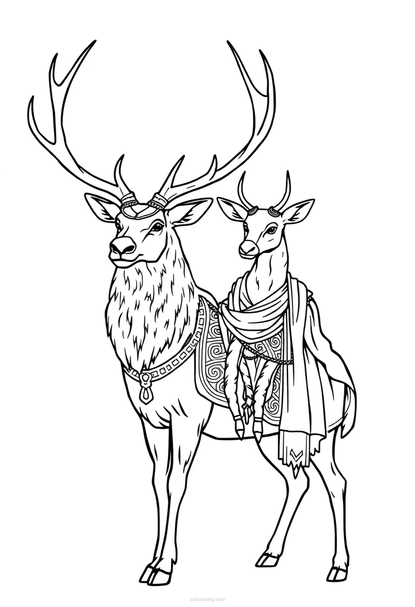 Celtic stag and deer coloring page with intricate knotwork patterns and bold outlines for printing