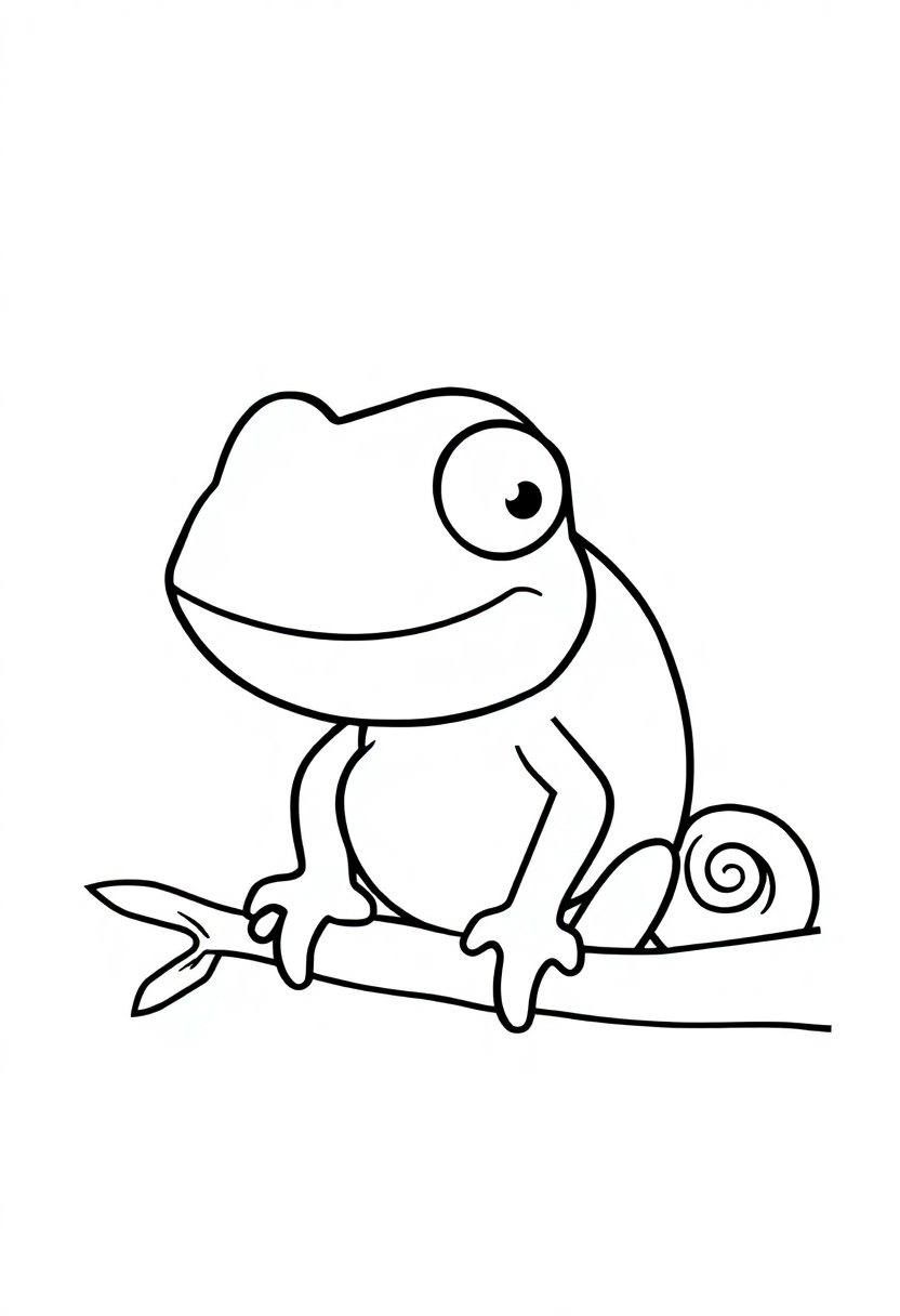 Cute cartoon chameleon coloring page with big eyes, curled tail and bold outlines for kids to color