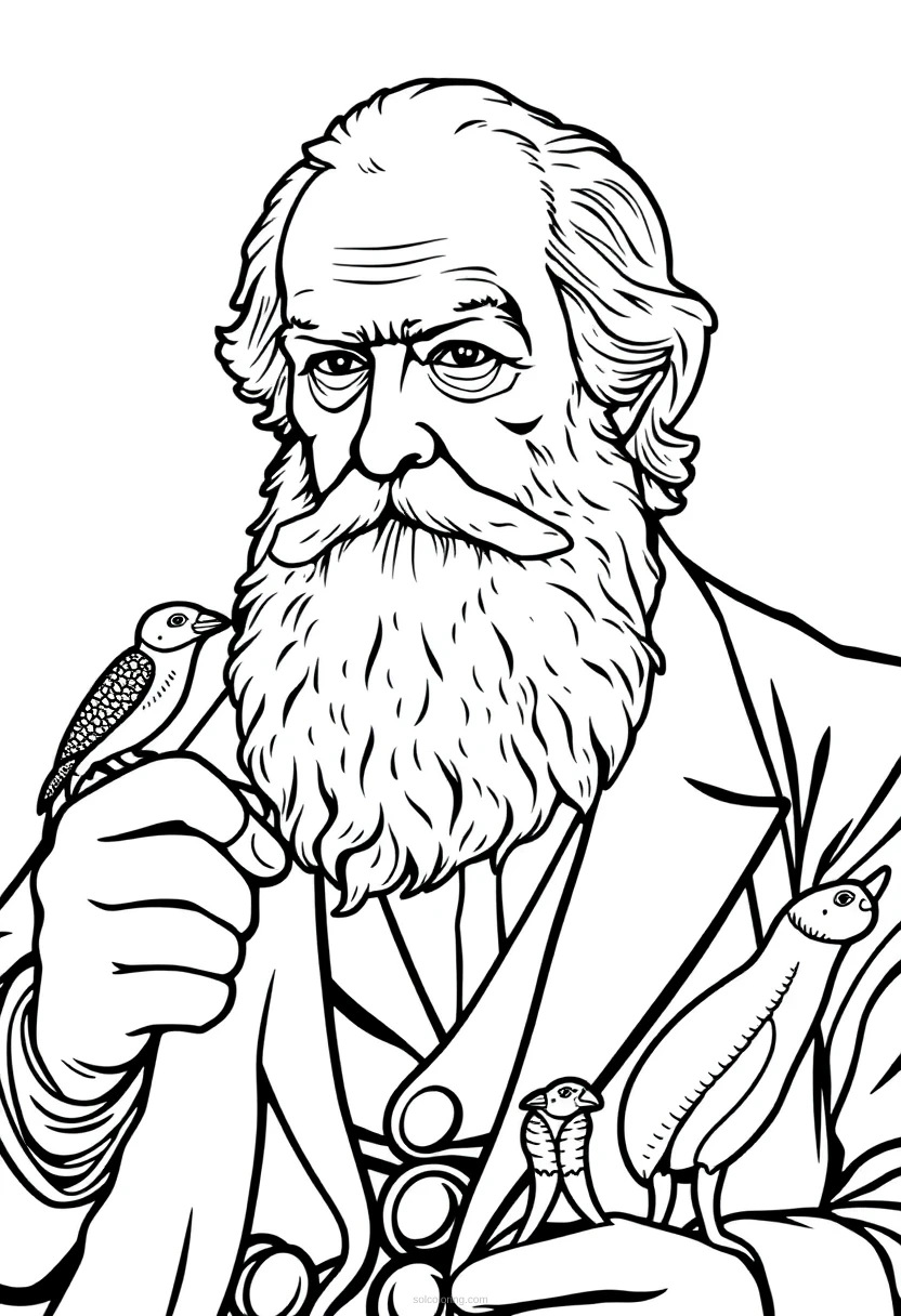 Charles Darwin with Evolution Specimens coloring page for kids
