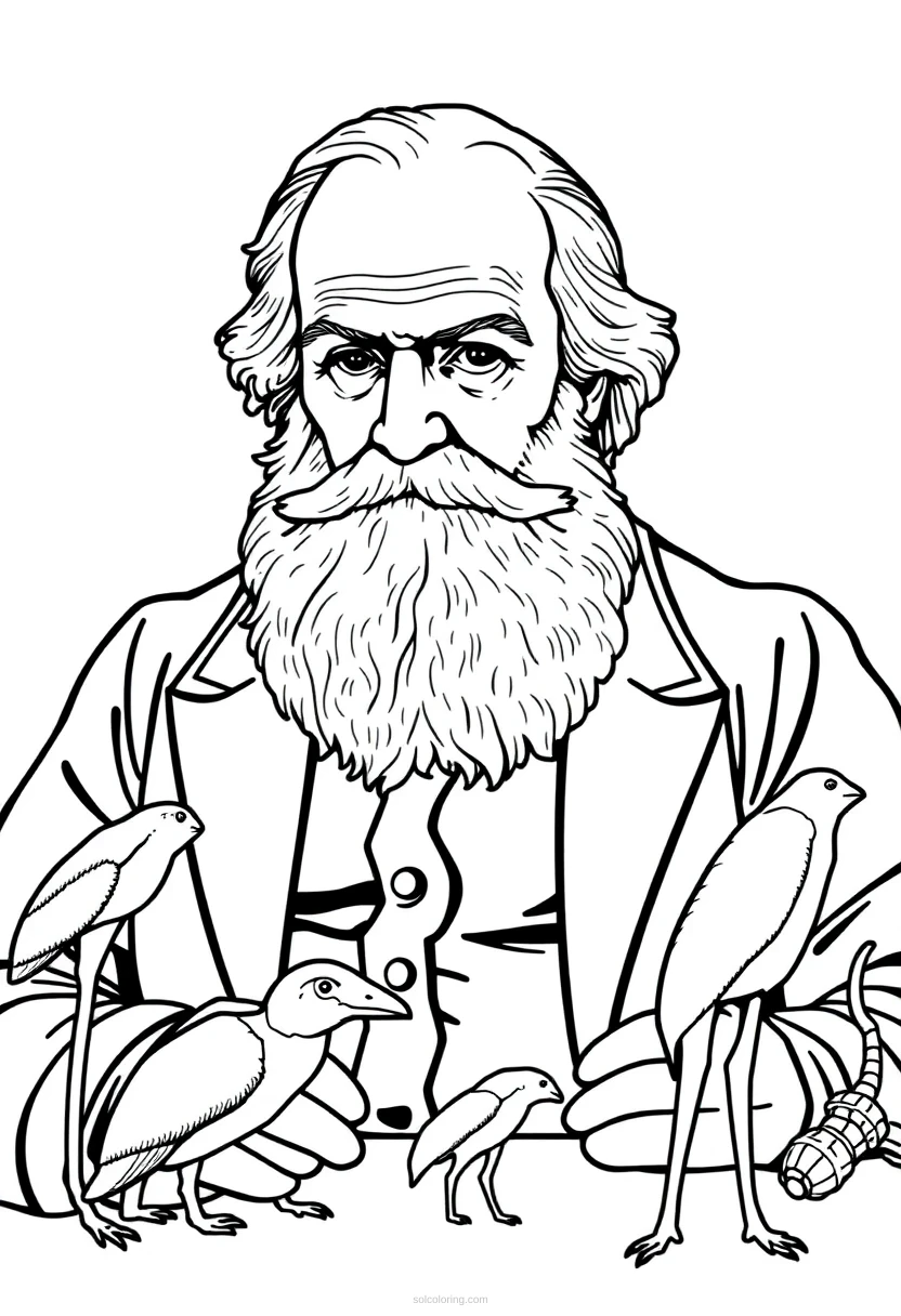 Charles Darwin with Evolution Specimens coloring page for kids