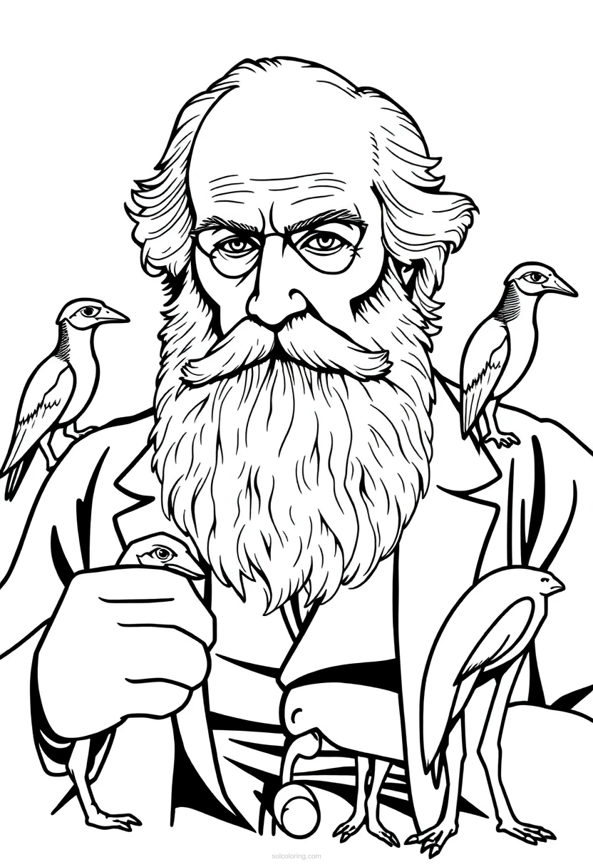 Charles Darwin with Evolution Specimens coloring page for kids
