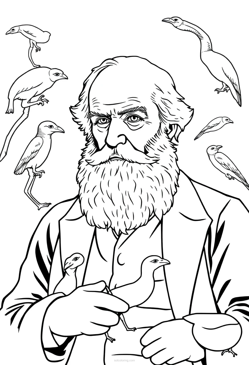 Charles Darwin with Evolution Specimens coloring page for kids