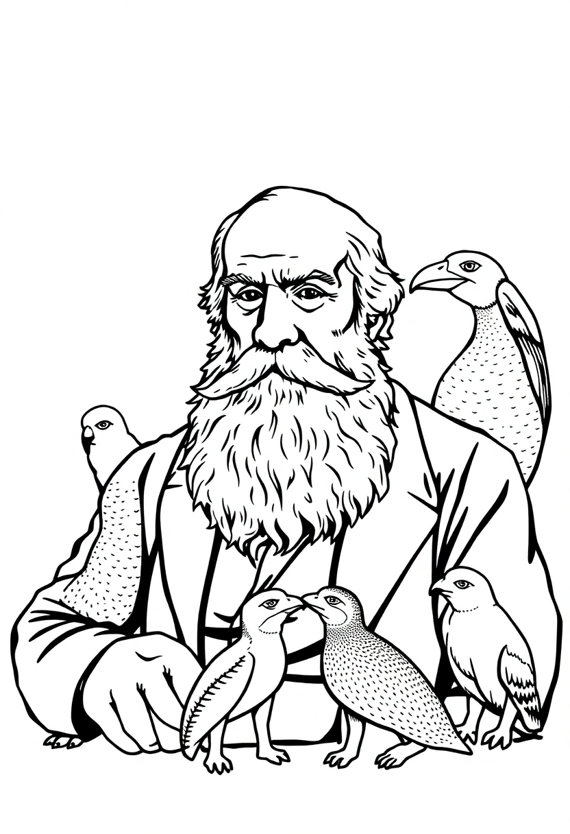 Charles Darwin with Galapagos Animals coloring page, free printable