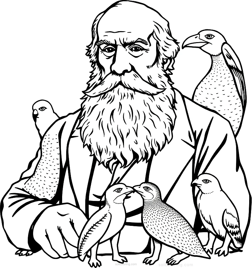 Charles Darwin with Galapagos Animals coloring page for kids