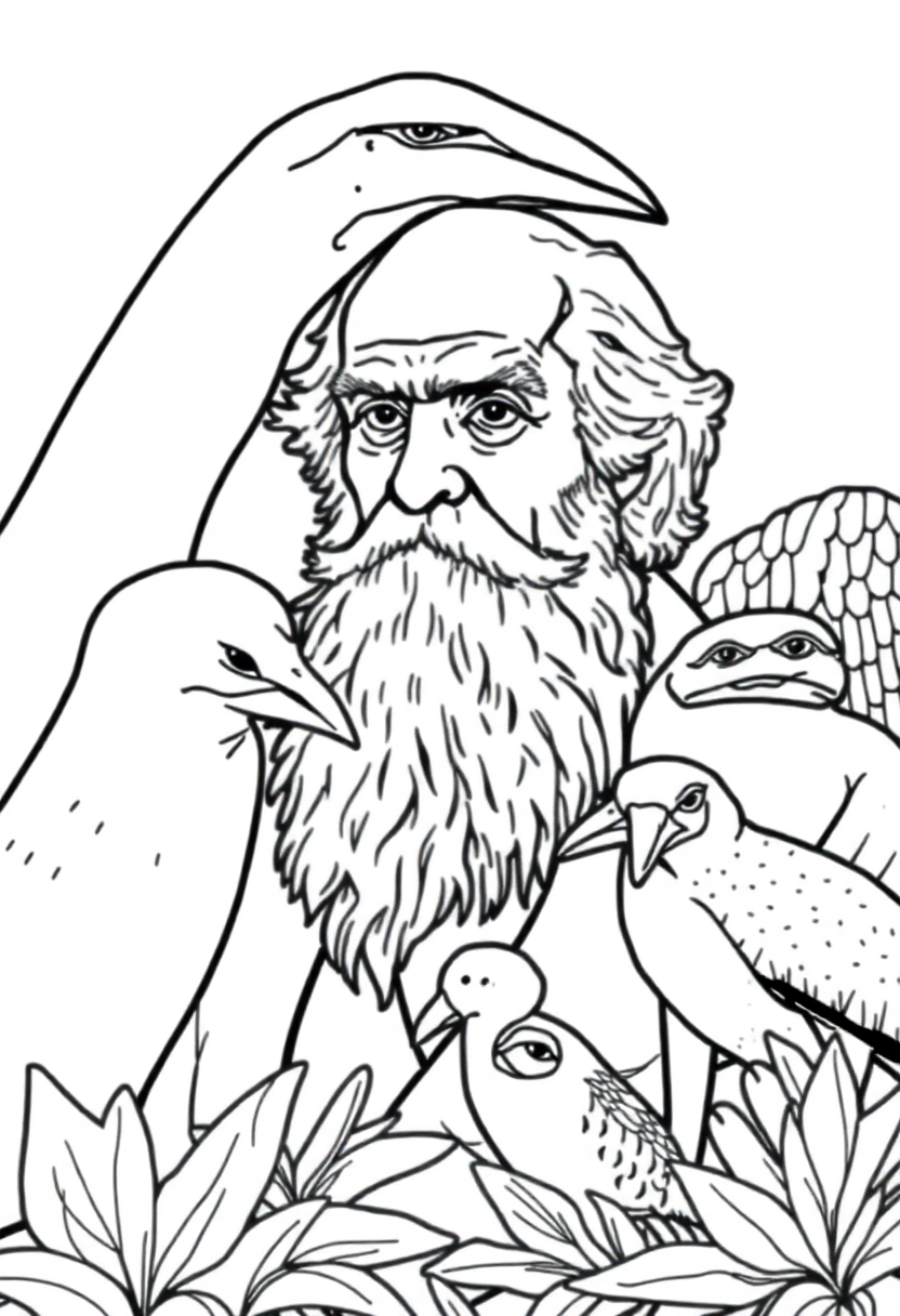 Charles Darwin with Galapagos Animals coloring page, free printable