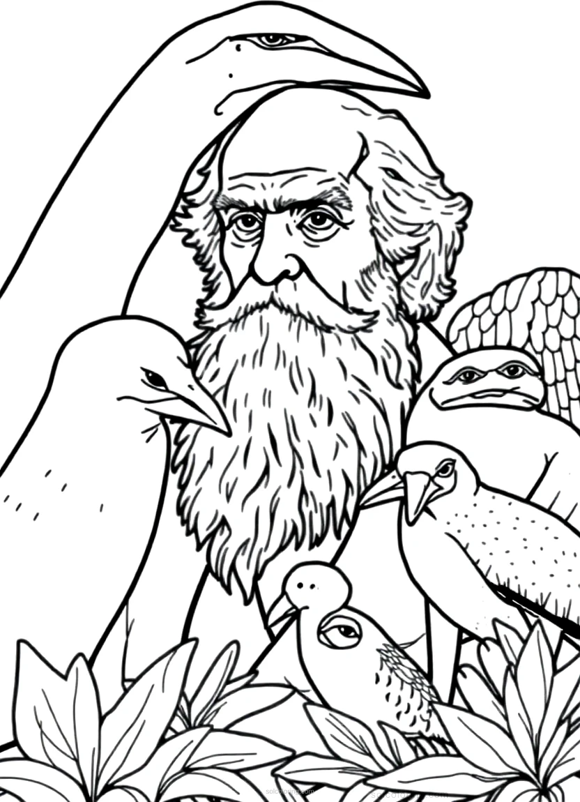 Charles Darwin with Galapagos Animals coloring page for kids