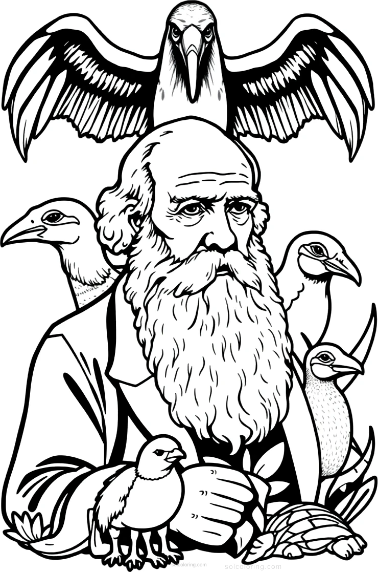 Charles Darwin with Galapagos Animals coloring page for kids