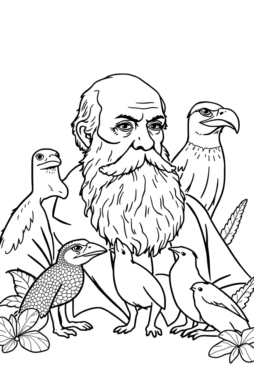 Charles Darwin with Galapagos Animals coloring page, free printable