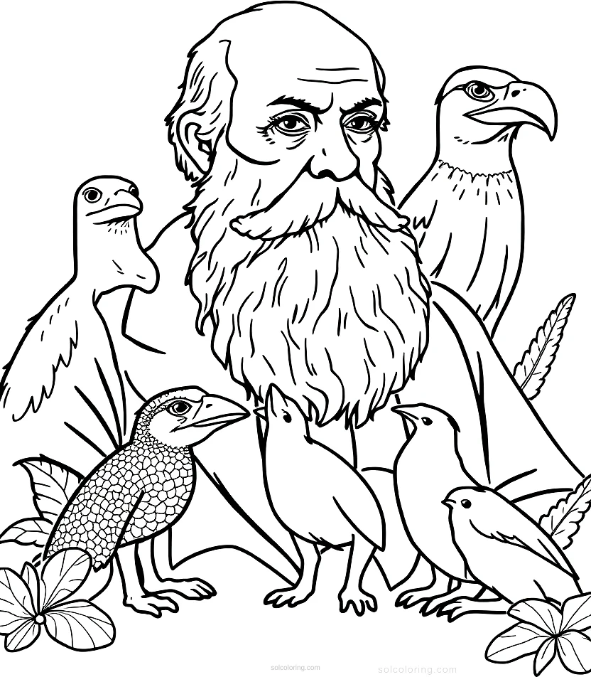 Charles Darwin with Galapagos Animals coloring page for kids