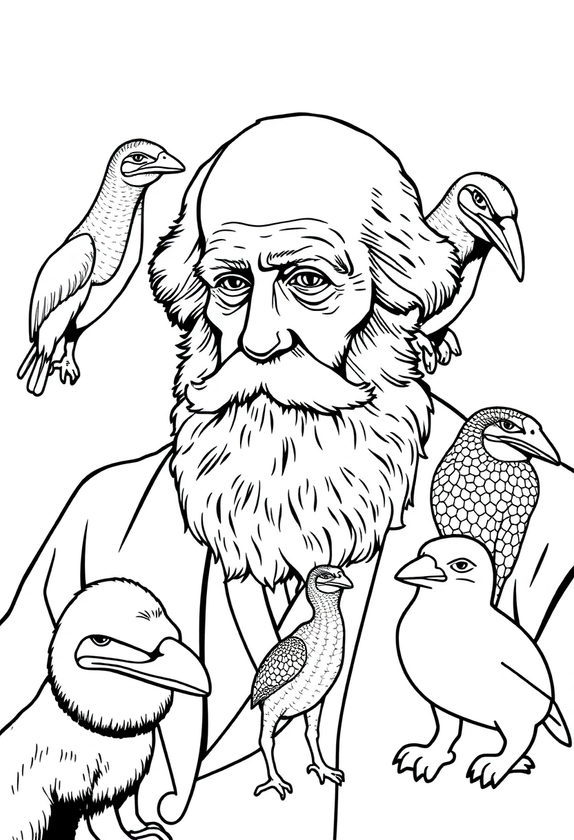 Charles Darwin with Galapagos Animals coloring page, free printable