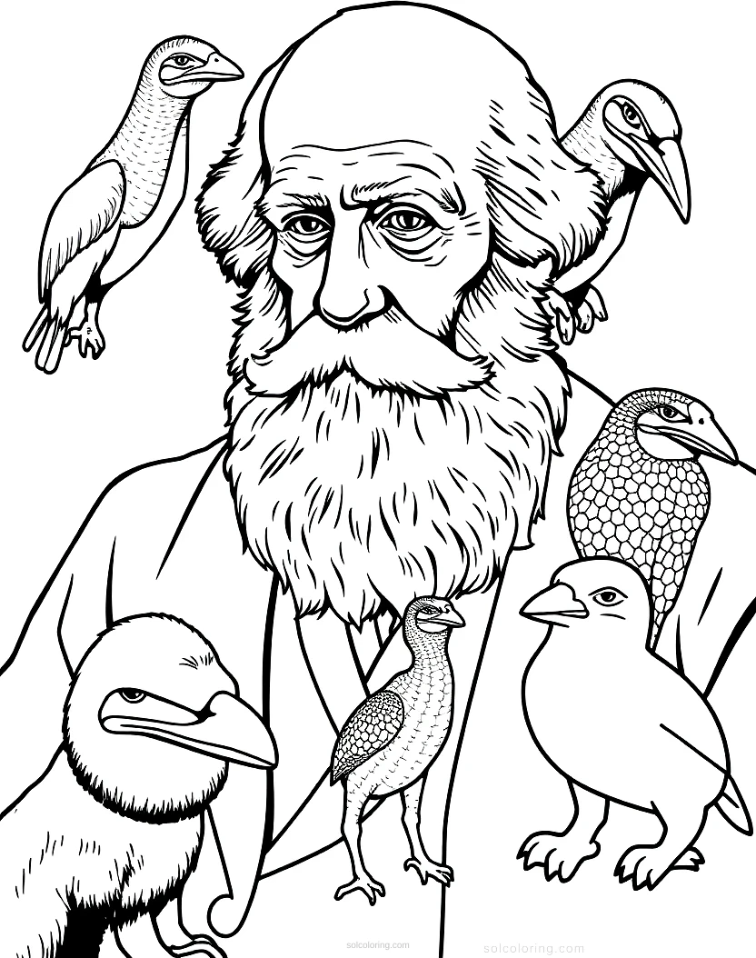 Charles Darwin With Galapagos Animals coloring pages