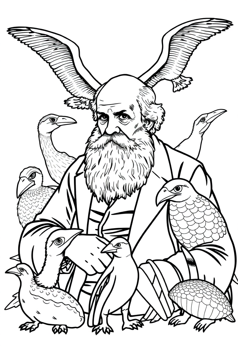 Charles Darwin with Galapagos Animals coloring page, free printable