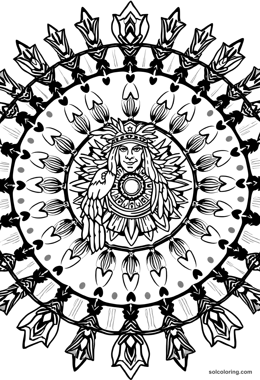 Mandala Chief Tecumseh Forming His Confederation coloring page, free printable mandala style