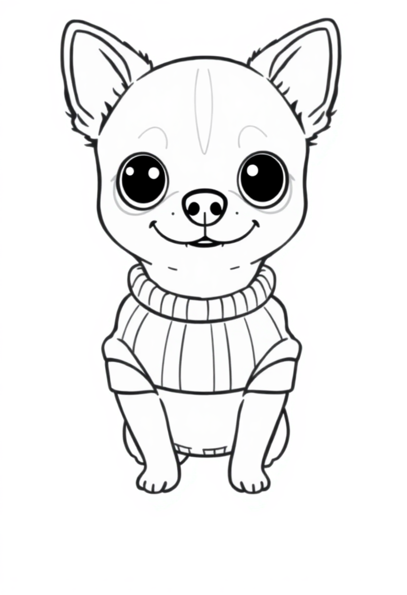 Chihuahua in tiny sweater coloring page showing cute small dog wearing cozy knitted sweater in chibi art style