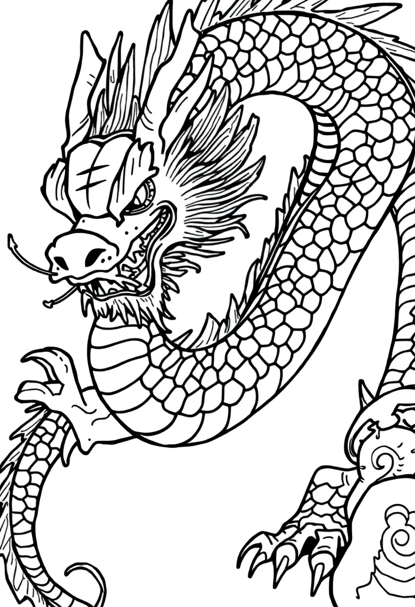 Chinese dragon coloring page with serpentine body, detailed scales, whiskers, claws and traditional cloud background