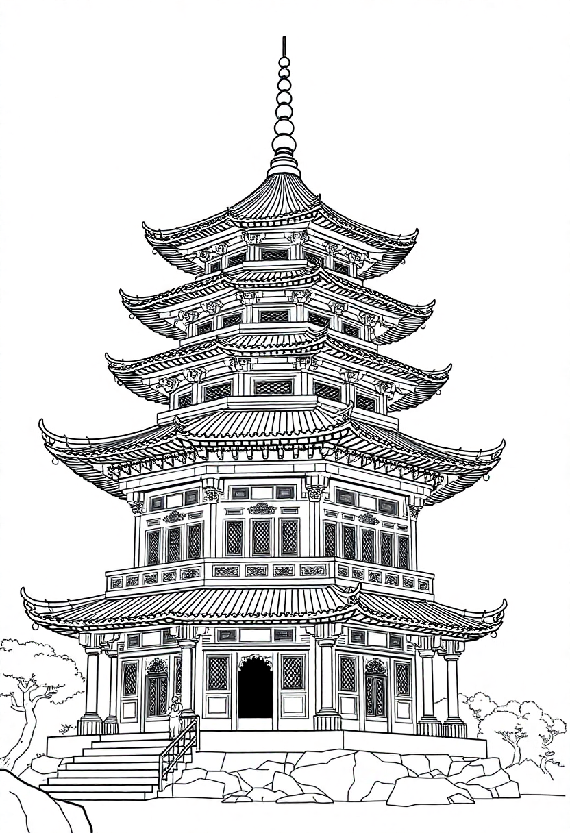 Chinese Pagoda coloring page, free printable