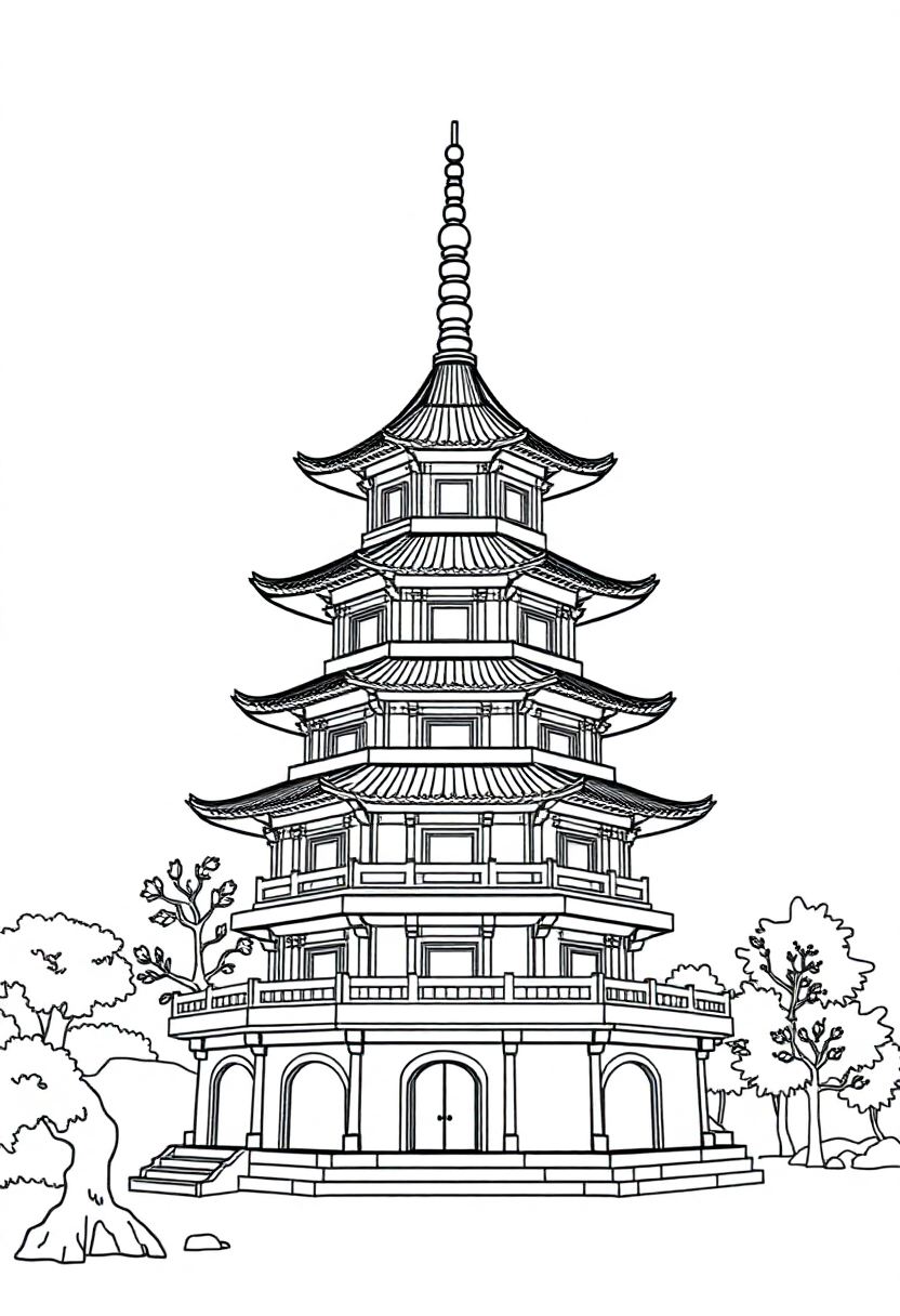 Chinese Pagoda coloring page, free printable