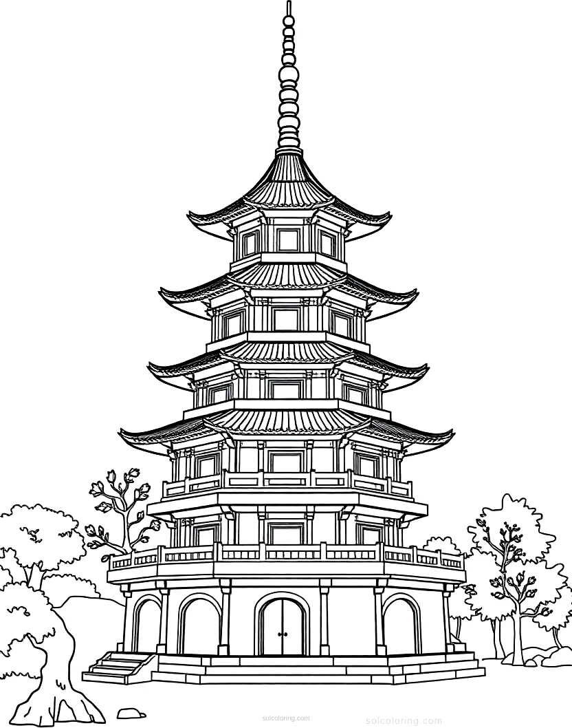 Chinese Pagoda coloring page for kids