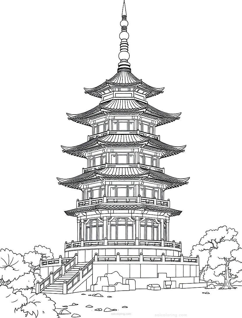 Chinese Pagoda coloring page for kids
