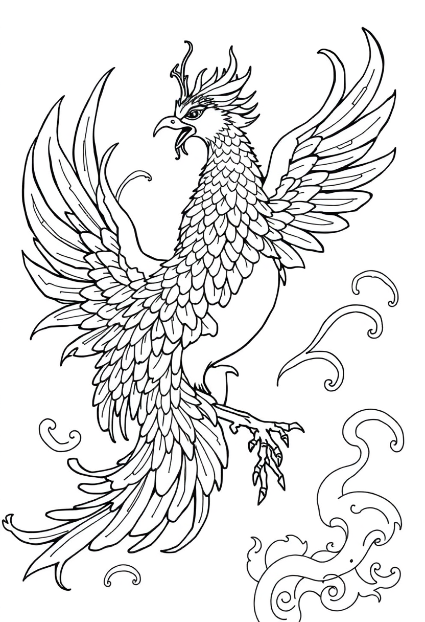 Chinese Phoenix chibi coloring page with bold outlines showing flowing feathers and decorative tail plumes
