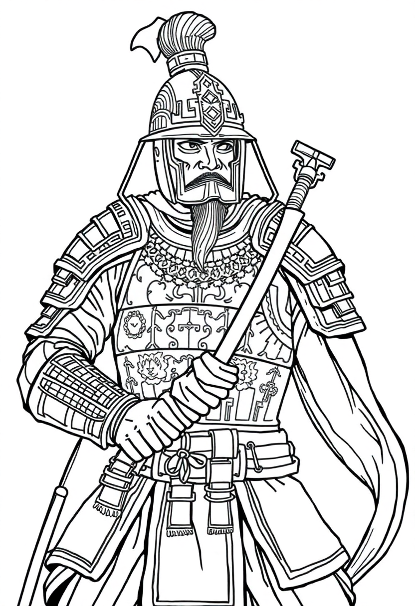 Chinese warrior in traditional armor coloring page with mandala border design and bold outlines for printing