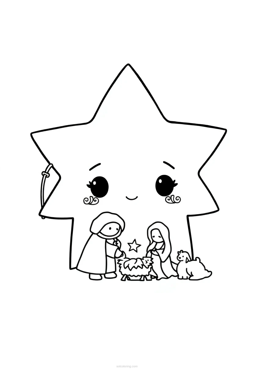 Christmas Star and Nativity coloring page for kids