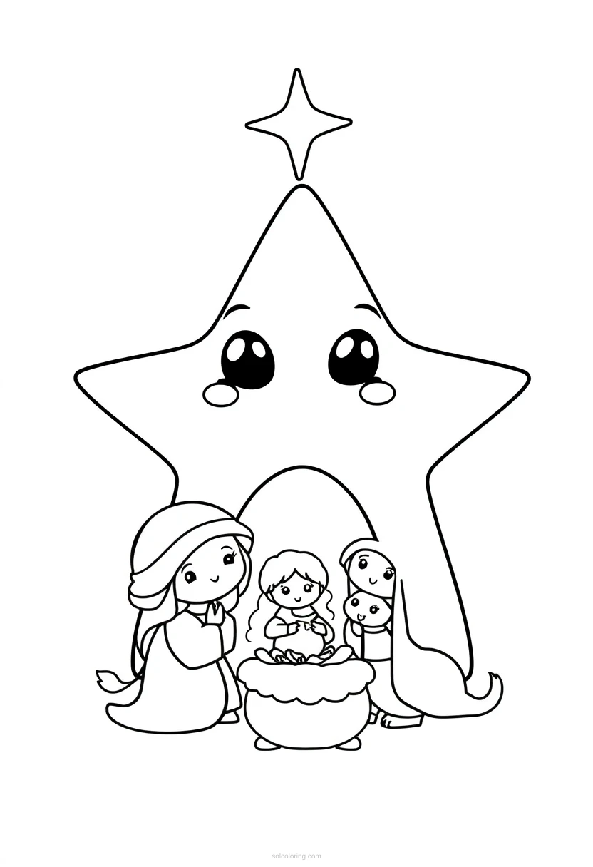Christmas Star and Nativity coloring page for kids