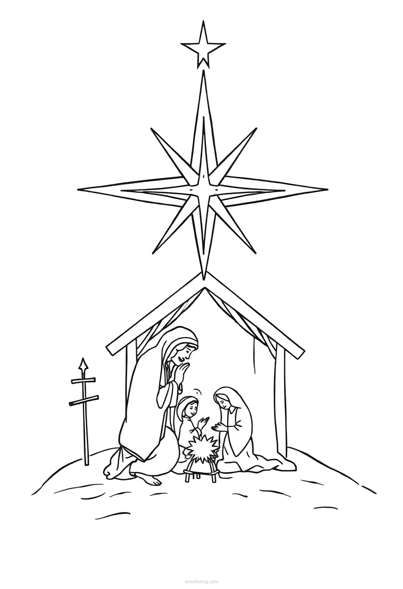 Christmas Star and Nativity coloring page for kids
