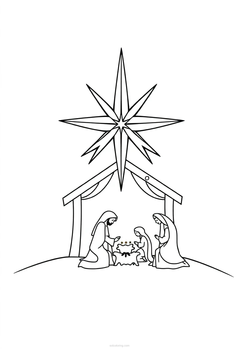 Christmas Star and Nativity coloring page for kids